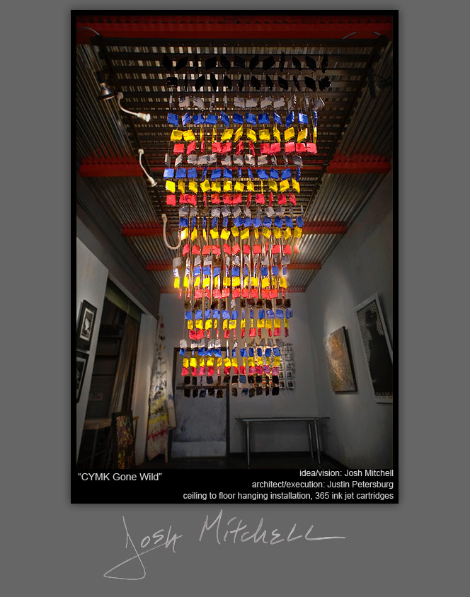 CYMK Gone Wild - Idea/Vision: Josh Mitchell, Architect/Execution: Justin Petersburg - Ceiling to floor hanging installation, 365 ink jet cartridges